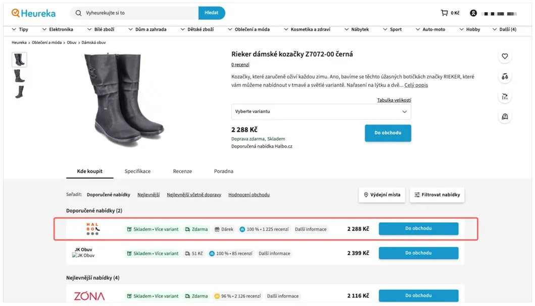 Ukázka produktové karty na Heurece