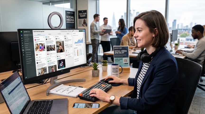 Žena u&nbsp;monitoru se správou sociálních sítí, v&nbsp;pozadí kolegové v&nbsp;kanceláři