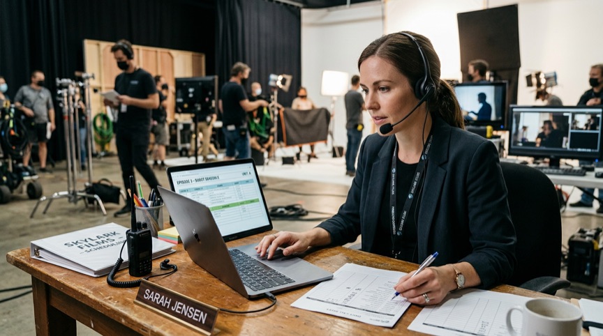 Produkční se sluchátky s&nbsp;mikrofonem u&nbsp;notebooku na place filmového natáčení