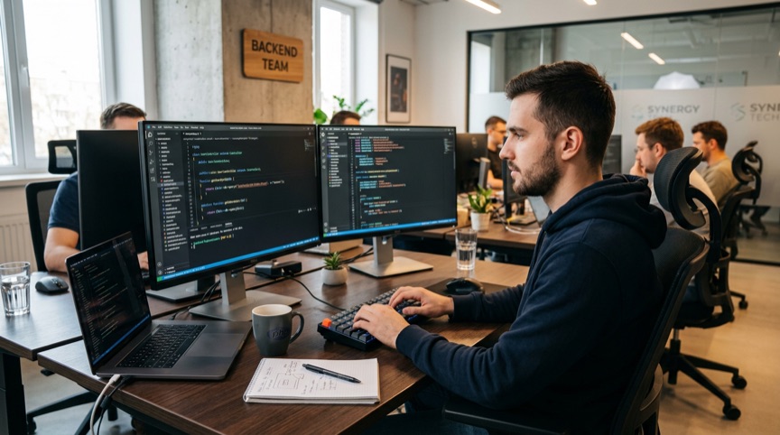 Vývojář píše kód na dvou monitorech v&nbsp;otevřené kanceláři