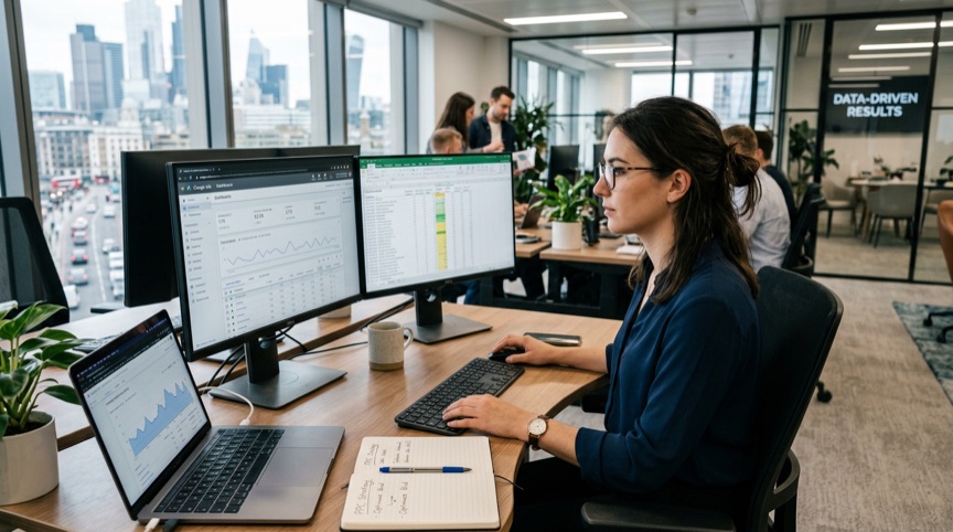 Specialistka sleduje reklamní statistiky na dvou monitorech a&nbsp;notebooku