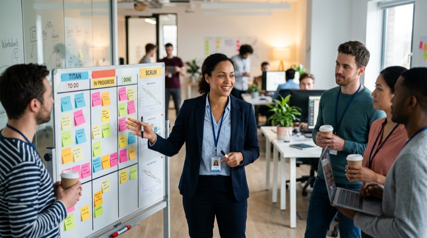 Scrum Master u&nbsp;tabule s&nbsp;barevnými lístky vede poradu týmu
